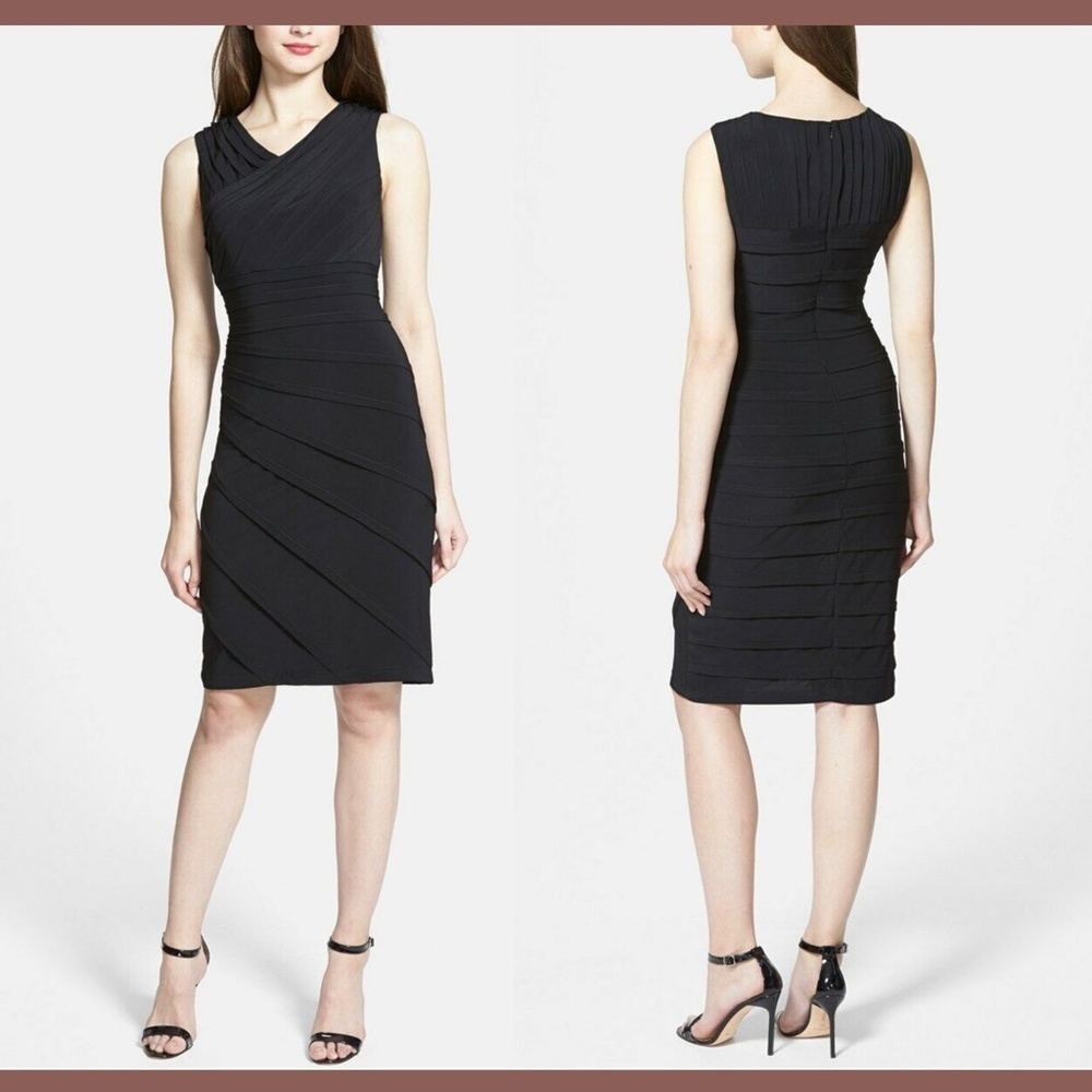 NWT! Adrianna Papell V-Neck Shutter Pleat Sheath Dress Black‎ [SZ 6 8 ]